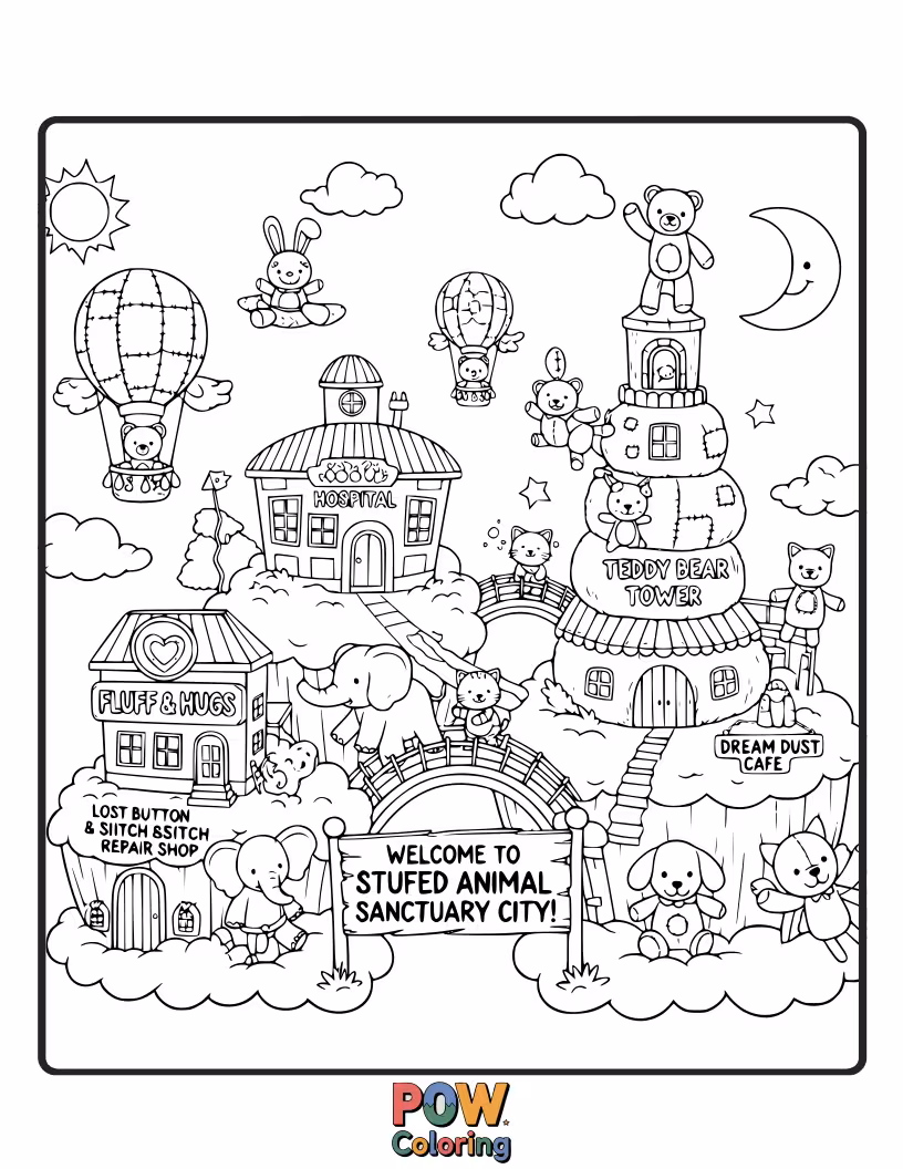 Free coloring page of A welcoming city designed for stuffed animals, with soft buildings and playful parks. A cuddly urban escape.