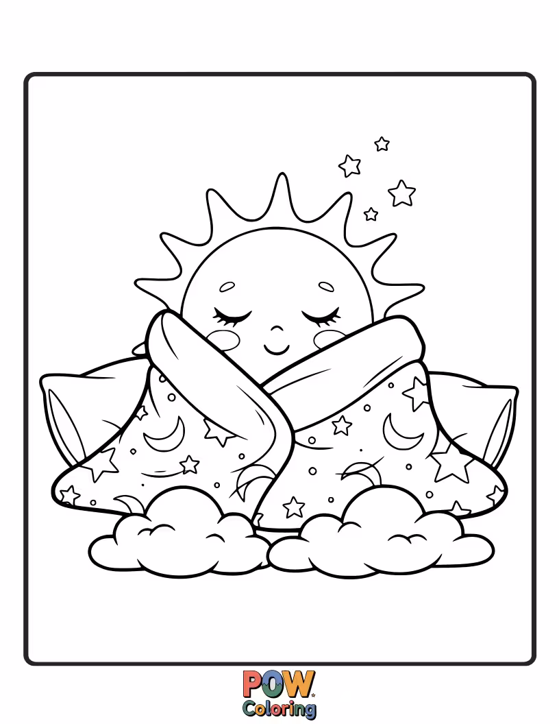 Free coloring page of A sleepy sun snuggled under a cozy blanket, ready for bedtime. Soft colors for a peaceful night.