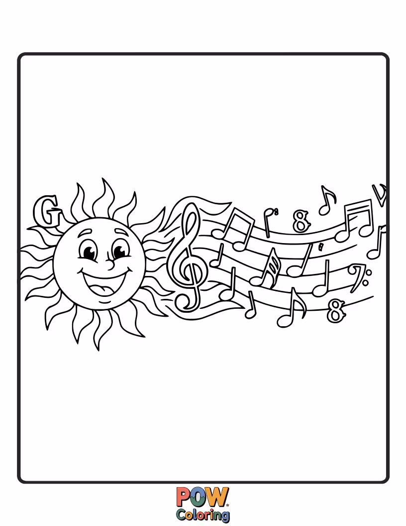 Free coloring page of A sun shaped like a musical note, radiating cheerful melodies. Color this happy tune!