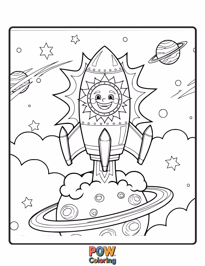 Free coloring page of This sun is blasting off in a rocket ship, exploring the galaxy! Where will its colors take you?