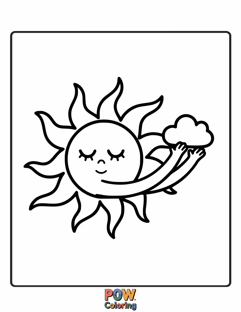 Free coloring page of This gentle sun is just waking up, stretching its rays lazily across the sky. Perfect for sleepy mornings!