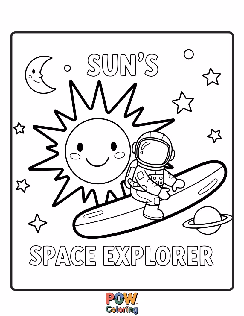 Free coloring page of A sun's explorer is wearing a space helmet, looking out at distant planets and stars. An interstellar coloring adventure!