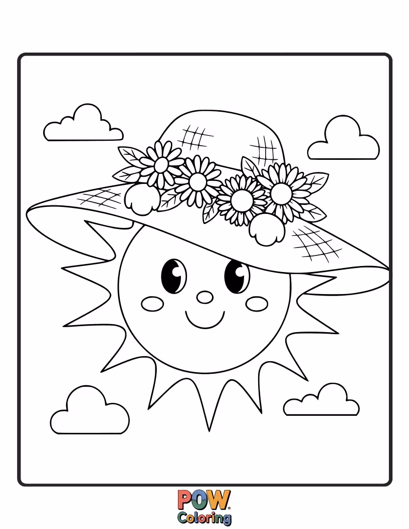 Free coloring page of This sun is accessorizing with a stylish sun hat, keeping its sunny disposition protected. Add your favorite patterns!