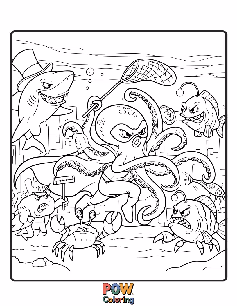 Free coloring page of A powerful octopus in a bold costume, bravely confronting a menacing sea creature with its mighty tentacles.