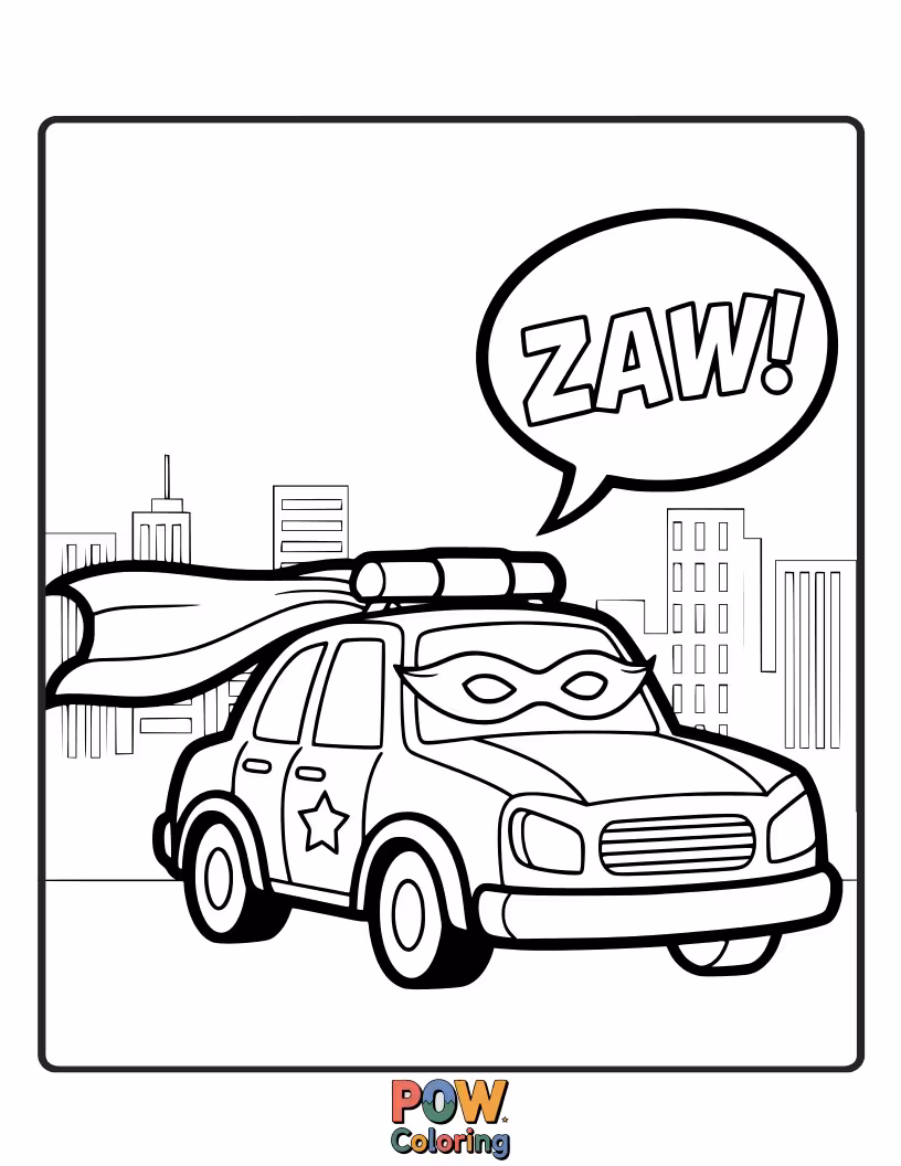 Free coloring page of Superhero police car, wearing a cape and mask, ready to save the day with speed and bravery!