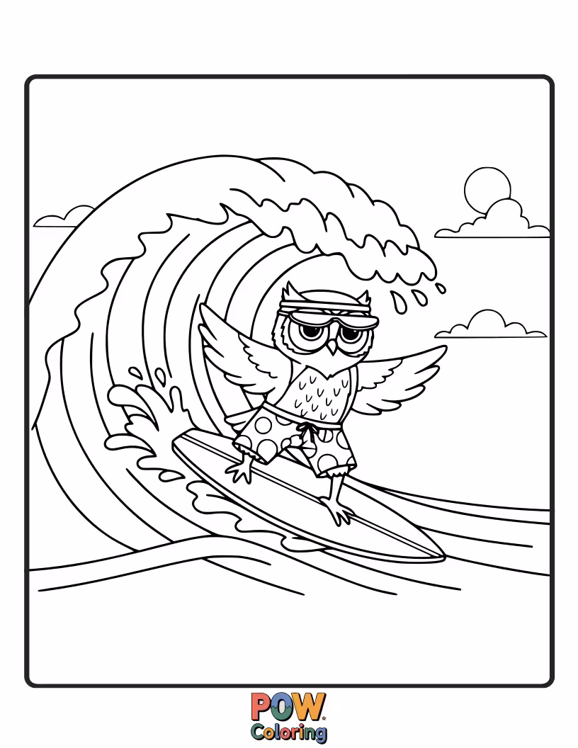 Free coloring page of A cool owl on a surfboard, riding a giant ocean wave with a smile.