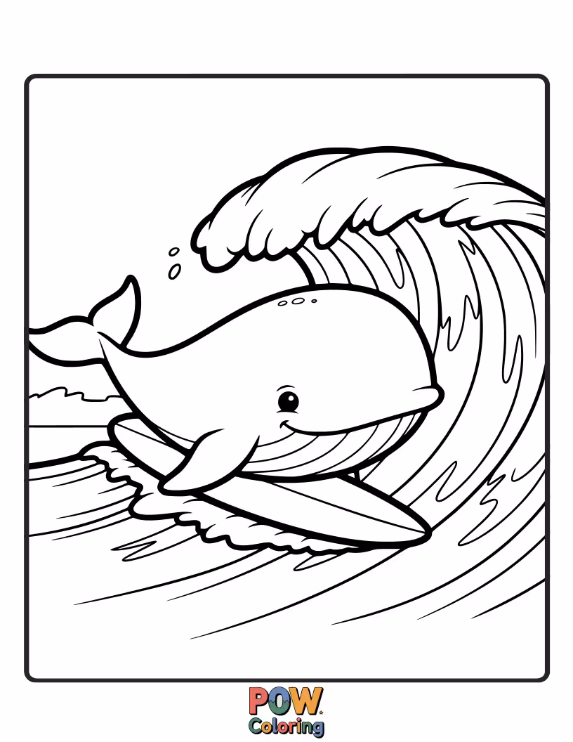 Free coloring page of A cool whale riding a giant wave, holding a surfboard with a chill and determined expression.