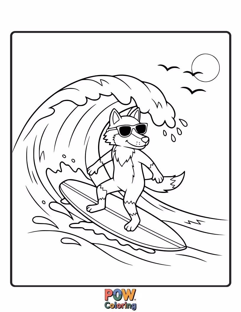 Free coloring page of A cool wolf rides a giant, stylized wave, surfboard under paw.