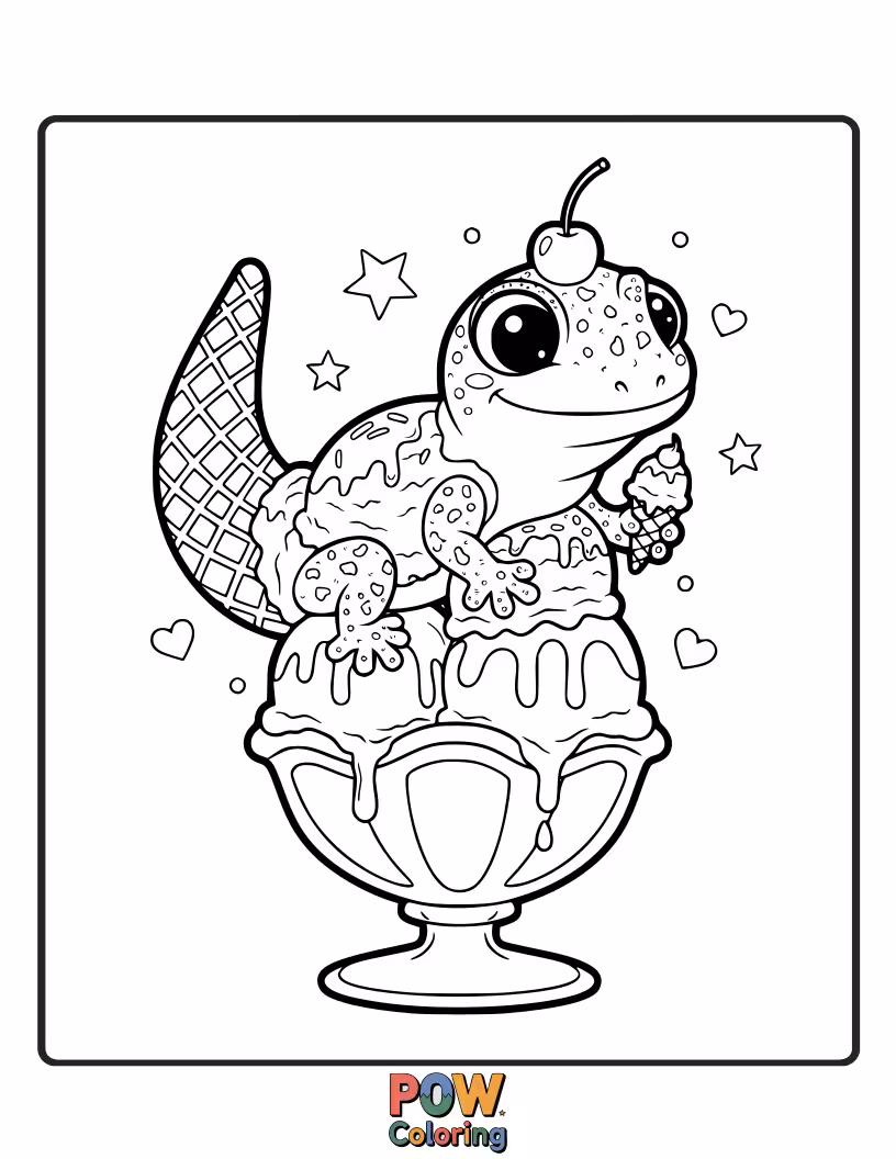 Free coloring page of A sweet gecko enjoying a giant scoop of colorful ice cream with sprinkles.