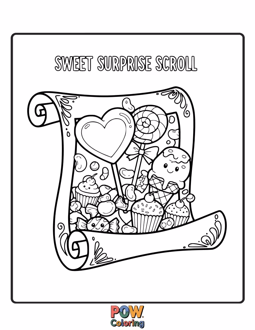Free coloring page of A rolled-up Megillah scroll is tied with a ribbon, and upon opening, a shower of sweet candy spills out.