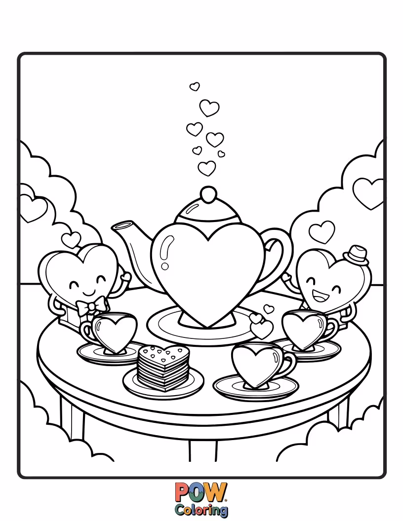 Free coloring page of Cute teacups and saucers with heart-shaped patterns, surrounded by tiny hearts. A charming afternoon gathering.
