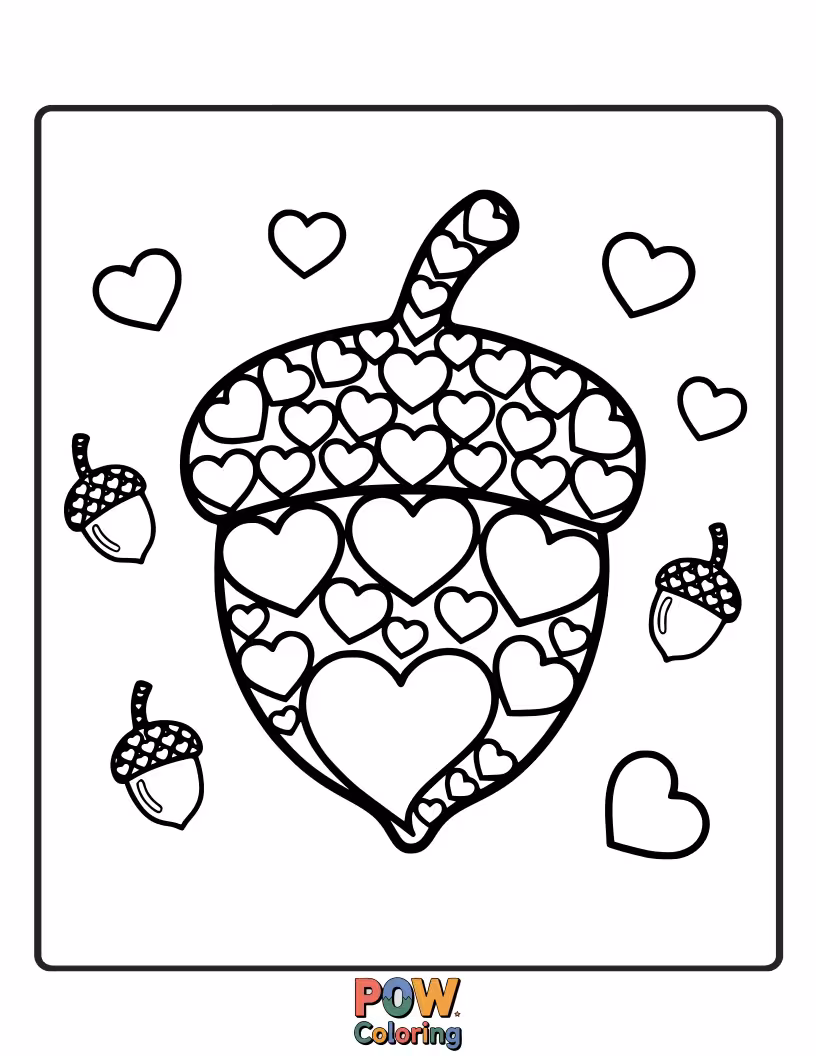 Free coloring page of Little hearts nestled amongst acorns and autumn leaves. Cozy seasonal charm.