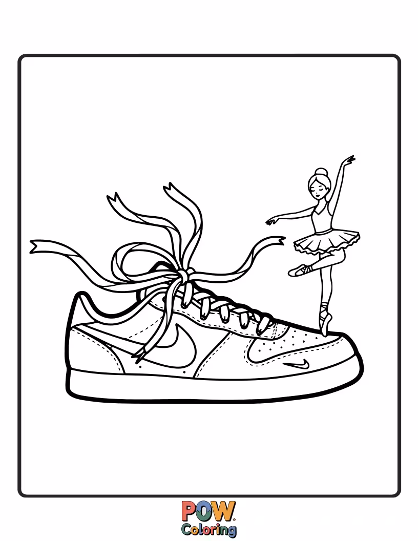 Free coloring page of A graceful Nike shoe poised in a ballet pose, surrounded by delicate ribbons and sparkling stars.