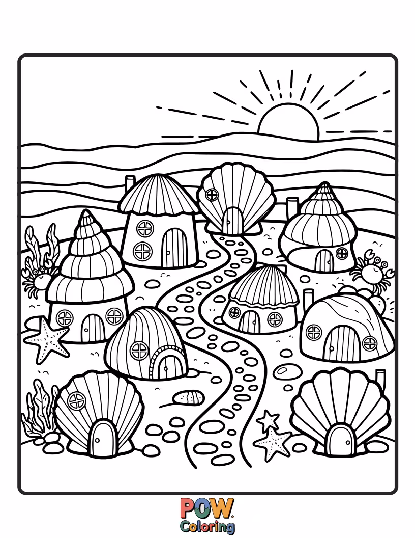 Free coloring page of A collection of various seashells clustered together, resembling charming little houses for miniature ocean folk.