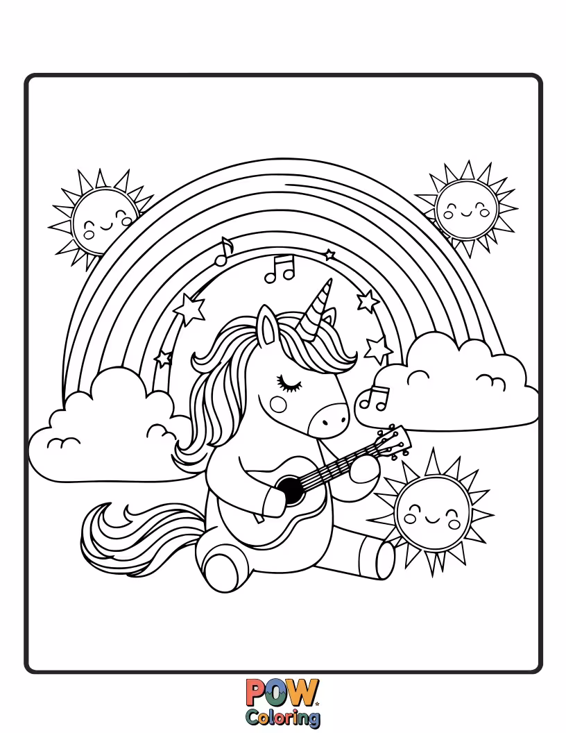 Free coloring page of A magical unicorn with a rainbow mane strumming a ukulele under a starry sky. Enchanting, unique, and sweetly melodic.