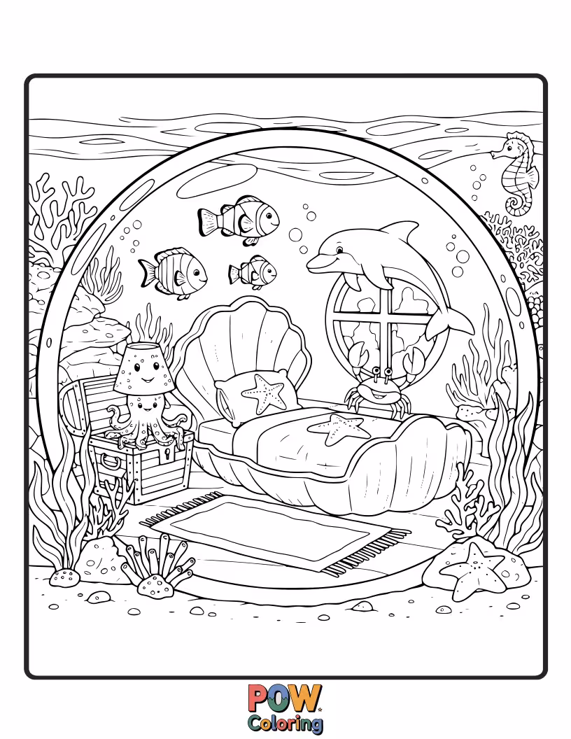 Free coloring page of Mermaid tails, seashell lamps, and playful dolphins make this ocean-themed room a splash of underwater fun.
