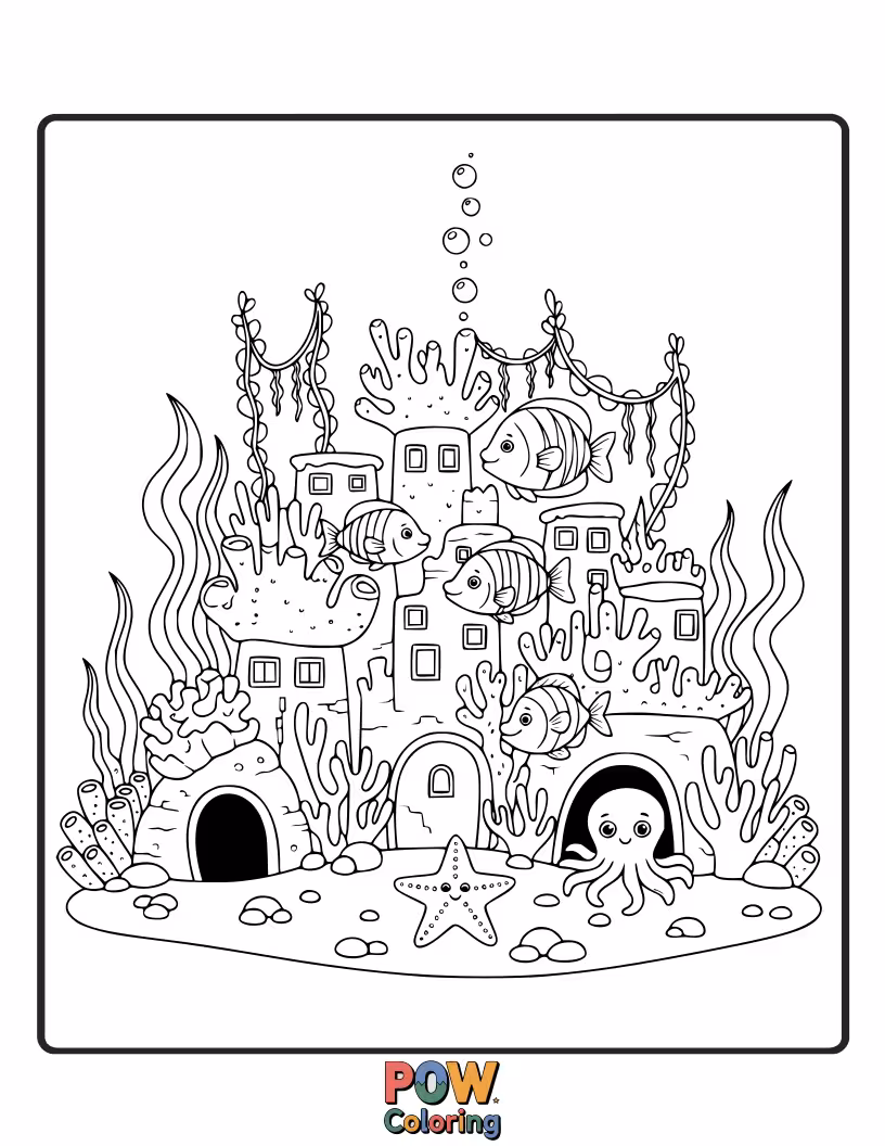 Free coloring page of A magical city beneath the waves, with coral buildings and friendly sea creatures. Dive into a colorful aquatic metropolis!