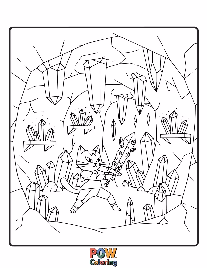 Free coloring page of A curious warrior cat exploring a shimmering cave filled with glowing crystals and hidden treasures.