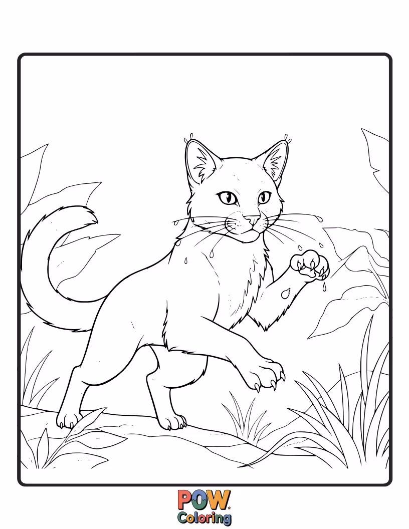 Free coloring page of A tiny warrior cat delicately licking a large, shimmering dewdrop from a blade of grass. Refreshing and sweet.
