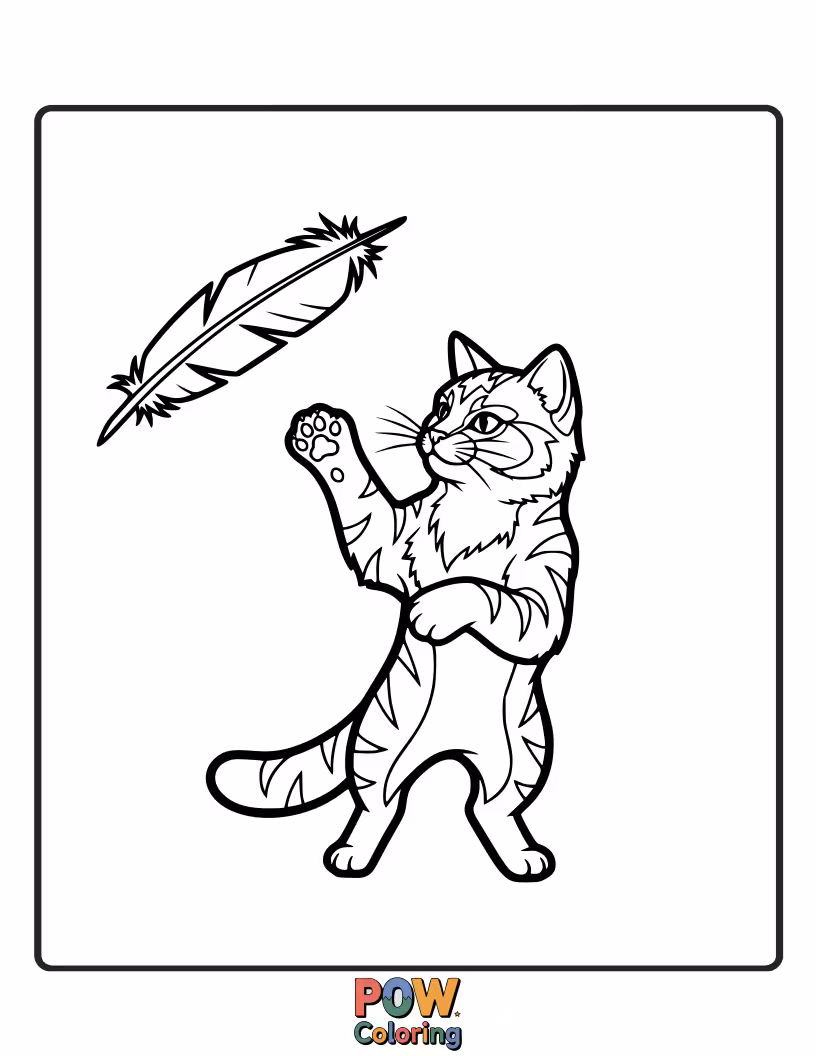 Free coloring page of A mischievous warrior cat batting playfully at a large, colorful feather that's drifting down from above.