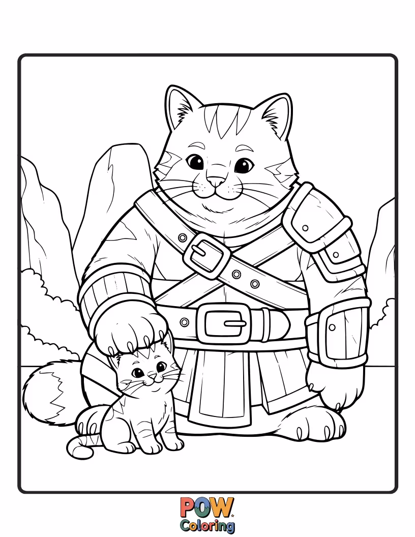 Free coloring page of A strong warrior cat carefully helping a much smaller creature, like a beetle, cross a puddle. Kindness shown.