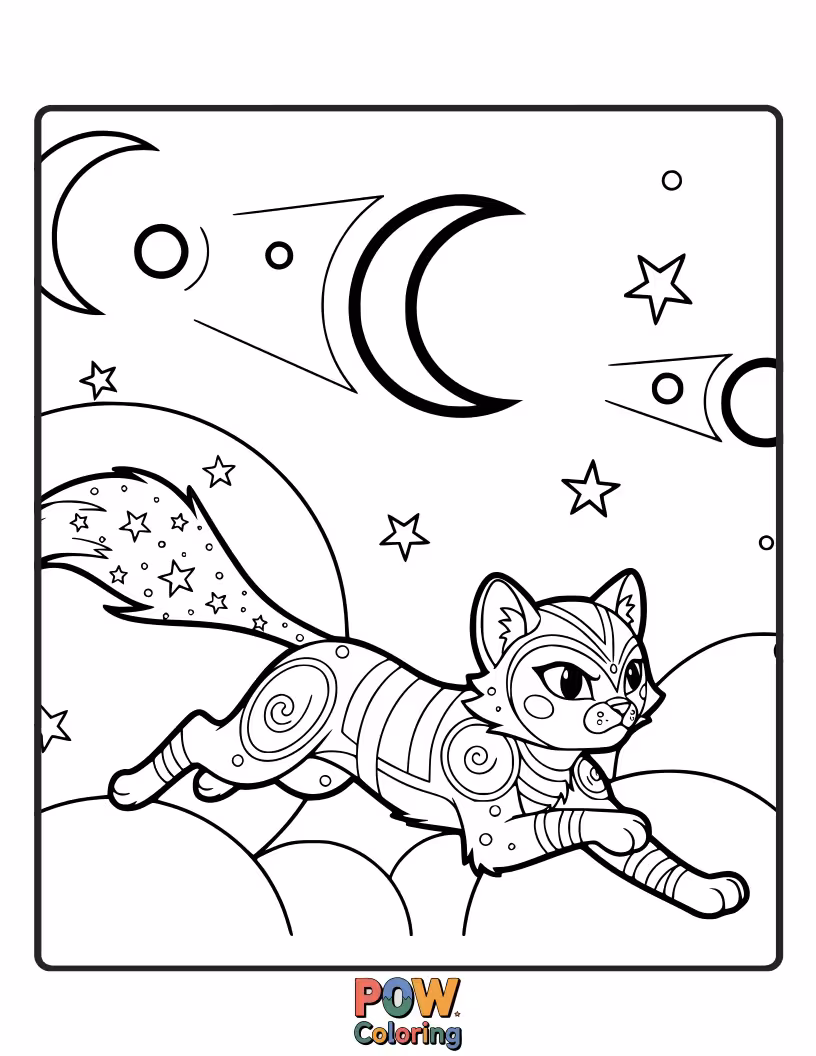 Free coloring page of A playful warrior cat leaping joyfully after a shimmering moonbeam in a shadowy glade. Magical motion.
