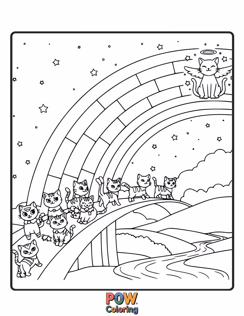 Free coloring page of A hopeful warrior cat looking up at a vibrant rainbow arching over a peaceful landscape. Inspiring scene.