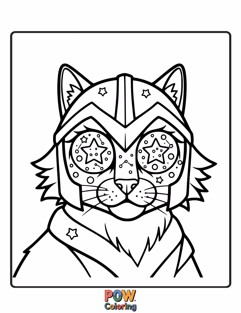 Free coloring page of A majestic warrior cat with eyes that sparkle like constellations, looking wise and knowing. Celestial gaze.