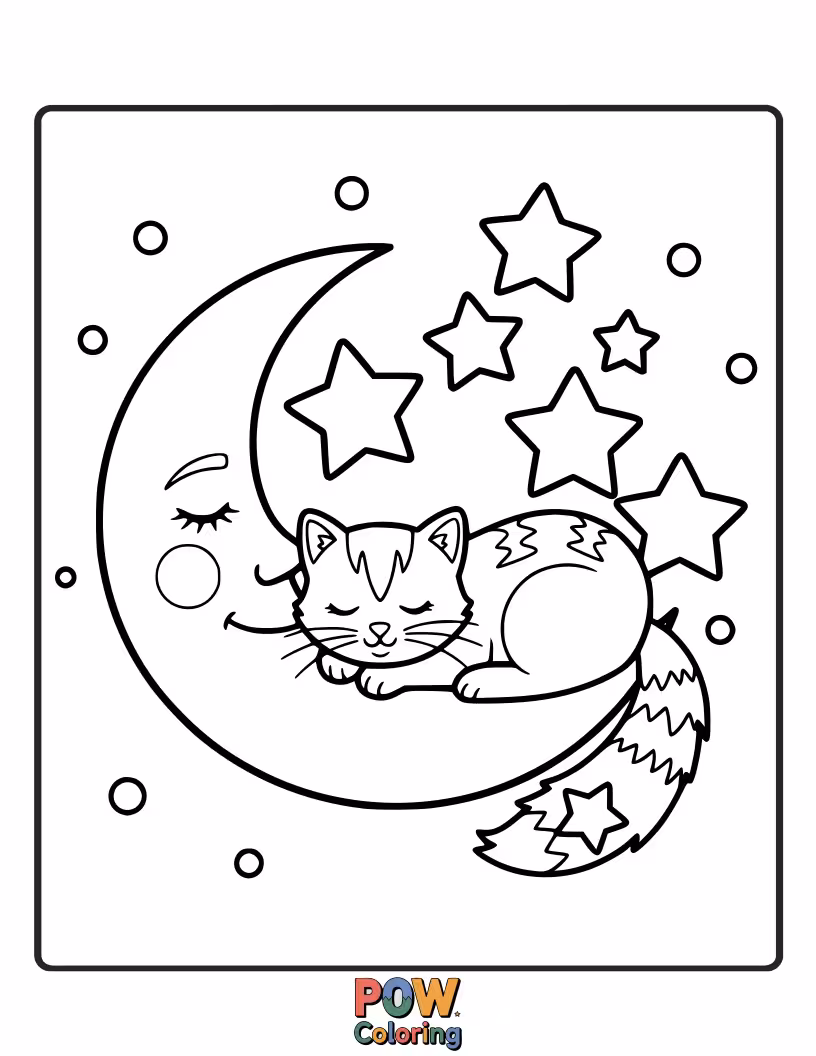 Free coloring page of A small warrior cat curled up, dreaming amidst scattered stars and crescent moons. Peaceful and enchanting.