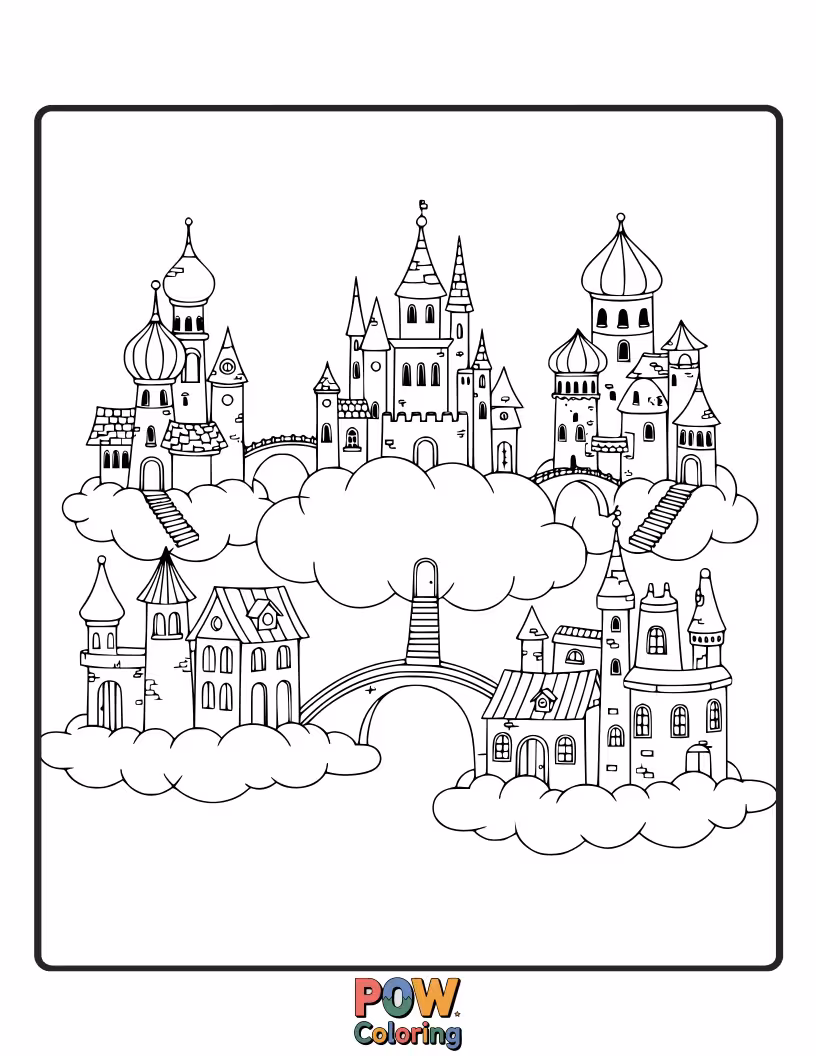 Free coloring page of Floating islands with candy floss clouds, connected by rainbow bridges. A dreamy, delightful urban escape for little artists.