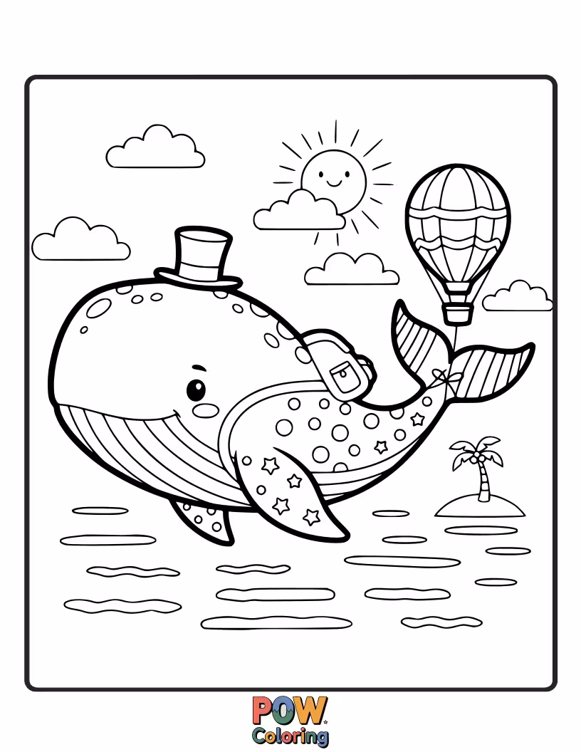 Free coloring page of A happy whale with big, curious eyes, surrounded by floating musical notes and stars in a dreamy, underwater scene.