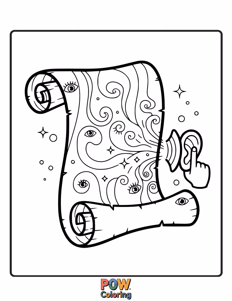 Free coloring page of Two little children are whispering excitedly into a scroll, as if sharing Purim secrets and stories. Magic in the making!