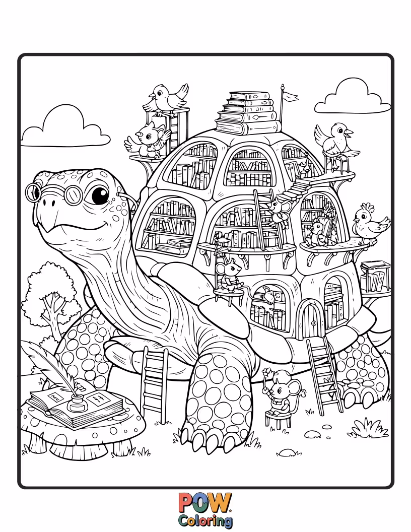 Free coloring page of A wise old tortoise surrounded by stacks of books, with spectacles perched on its nose.