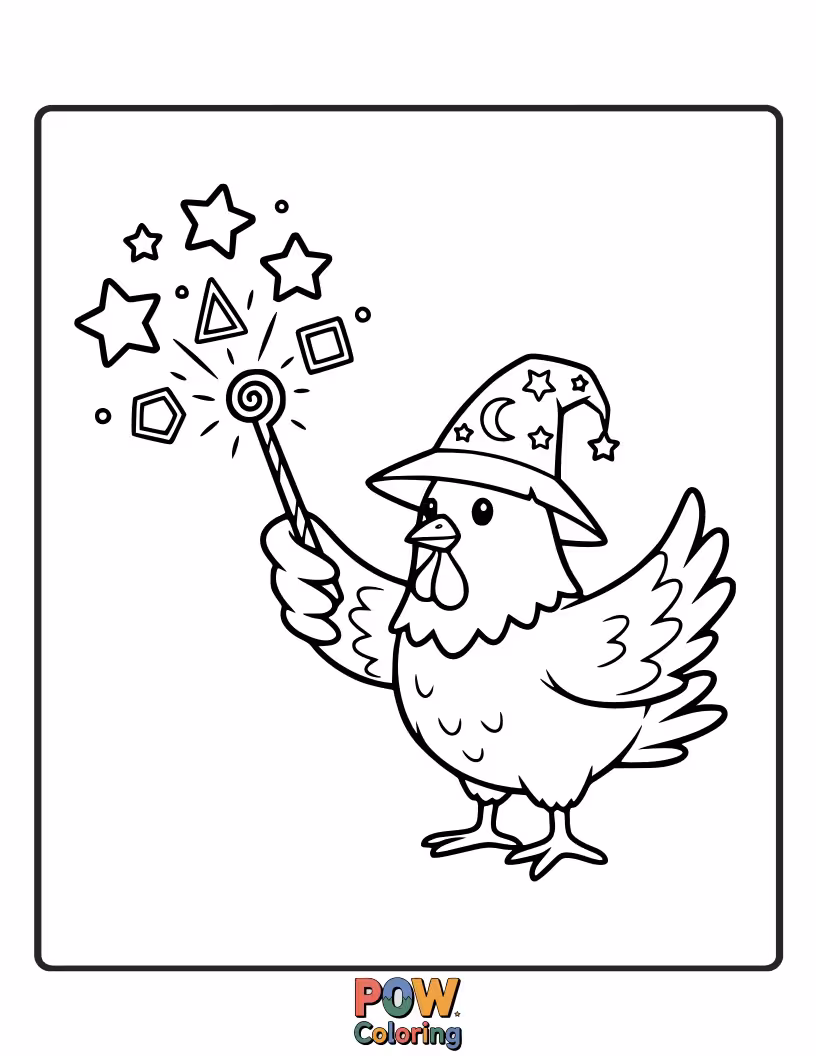 Free coloring page of A wise chicken in a pointy hat, conjuring a magical potion. Add sparkle and mystique with enchanting colors.