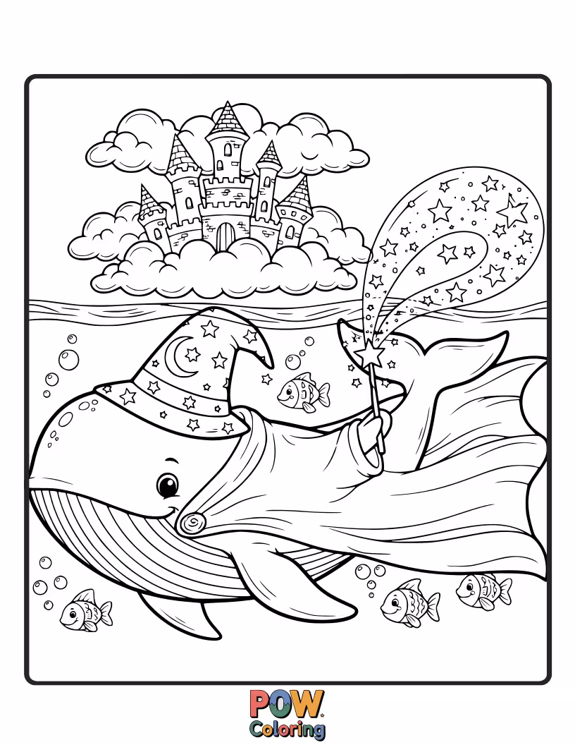 Free coloring page of A mystical whale casting a spell with its fin, conjuring shimmering underwater stars and enchanting potions.