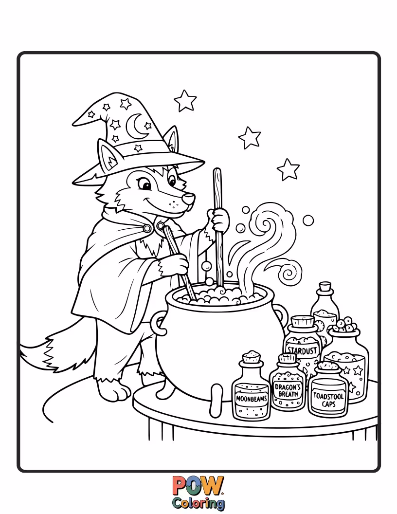 Free coloring page of A mystical wolf stirs a bubbling cauldron filled with magical, colorful ingredients.