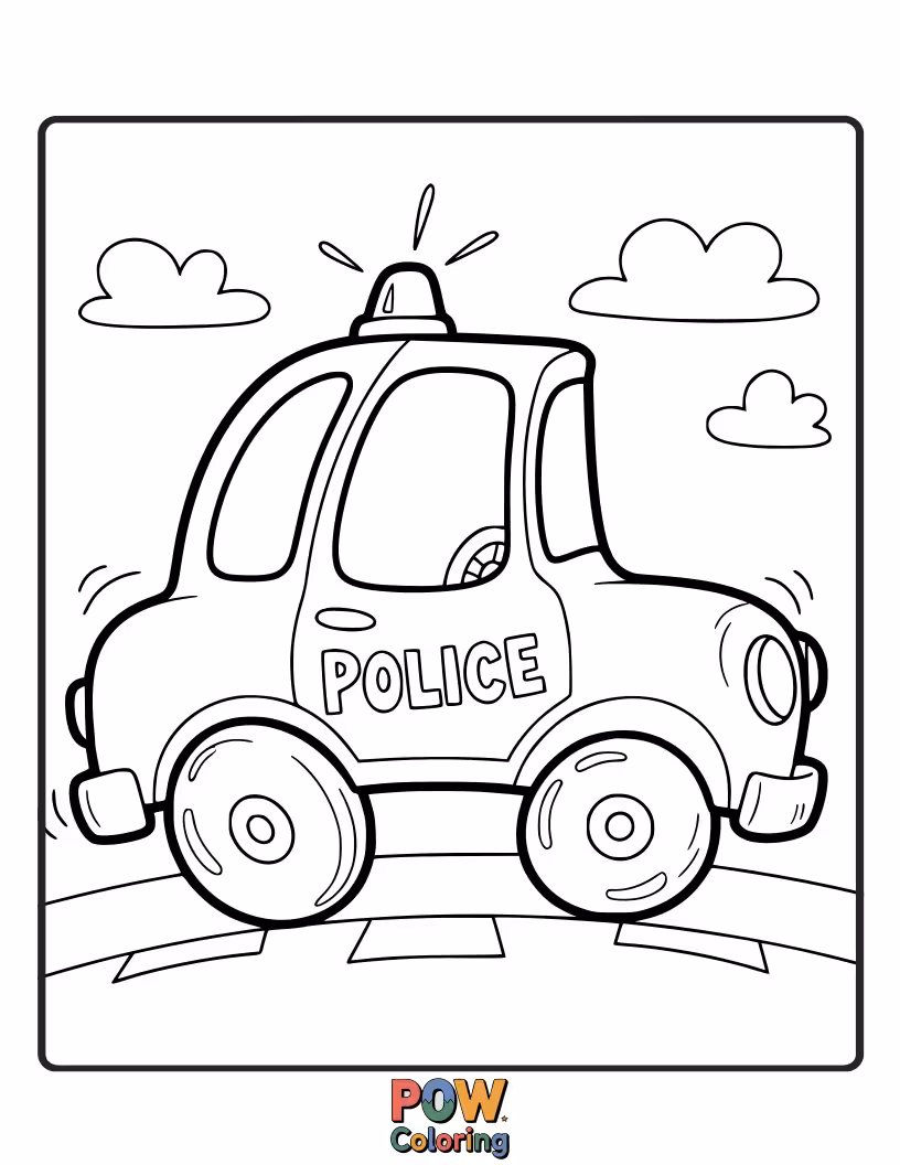 Free coloring page of Wobbly police car, hilariously off-balance, one wheel bigger than the other, ready for a silly chase!