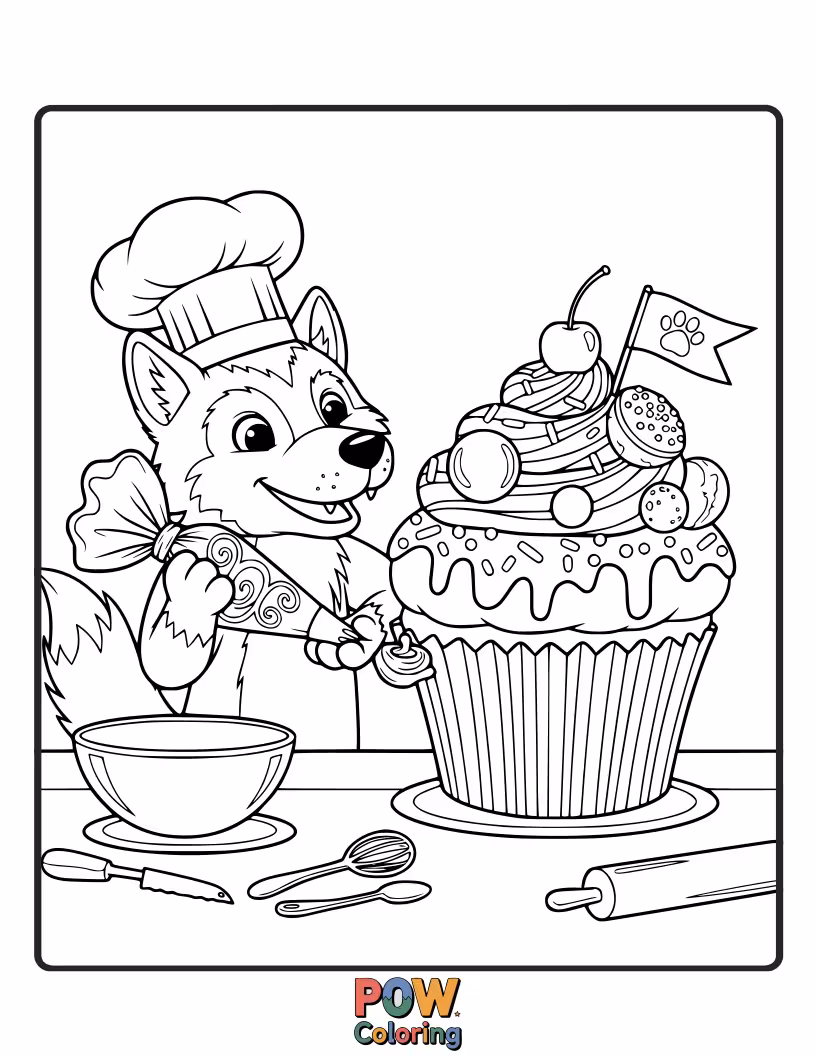 Free coloring page of A focused wolf decorating a giant, festive cupcake with sprinkles and frosting.