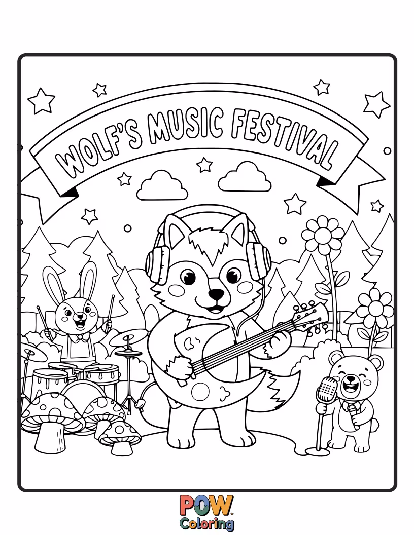 Free coloring page of A happy wolf with headphones, dancing energetically at a vibrant music festival.