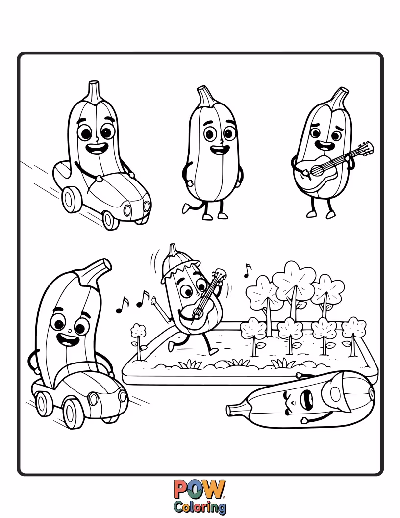 Free coloring page of Speedy zucchini zipping around a racetrack, leaving a trail of colorful enthusiasm behind them.