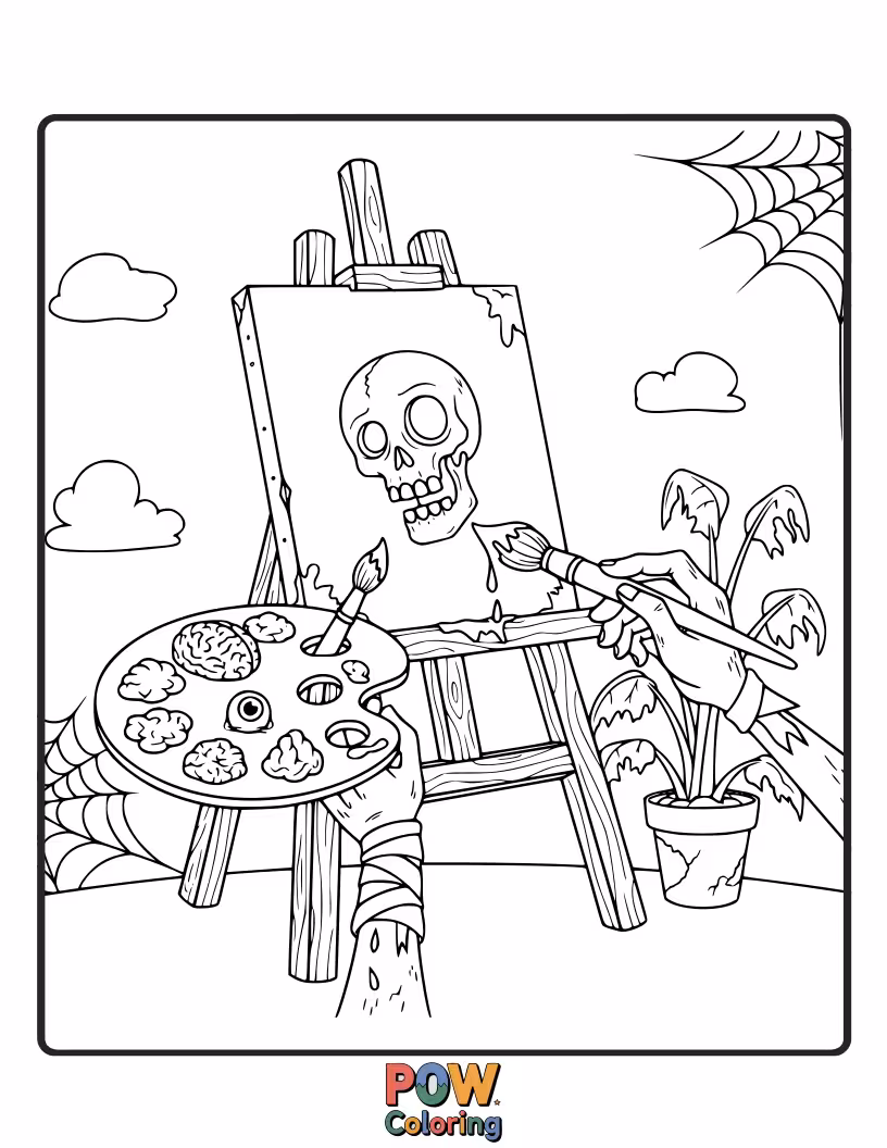 Free coloring page of A zombie painting a masterpiece, but the canvas is just a smudge of grey.