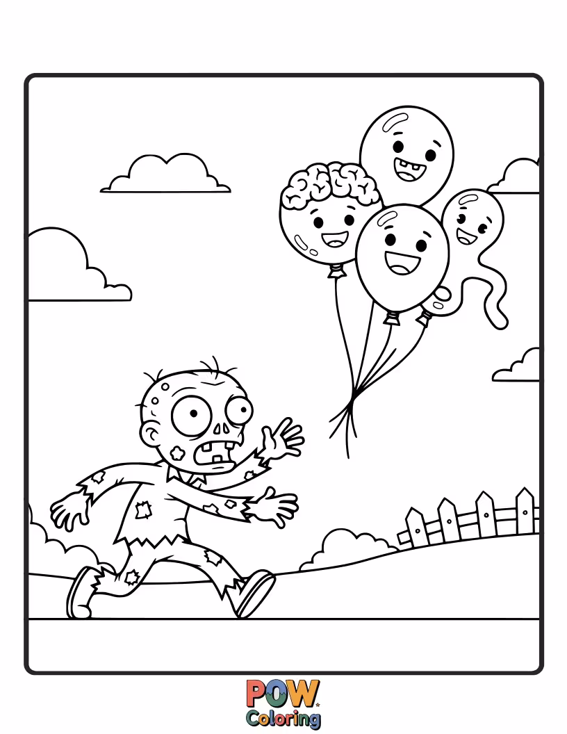 Free coloring page of A zombie joyfully chasing a single, brightly colored balloon that’s just out of reach.