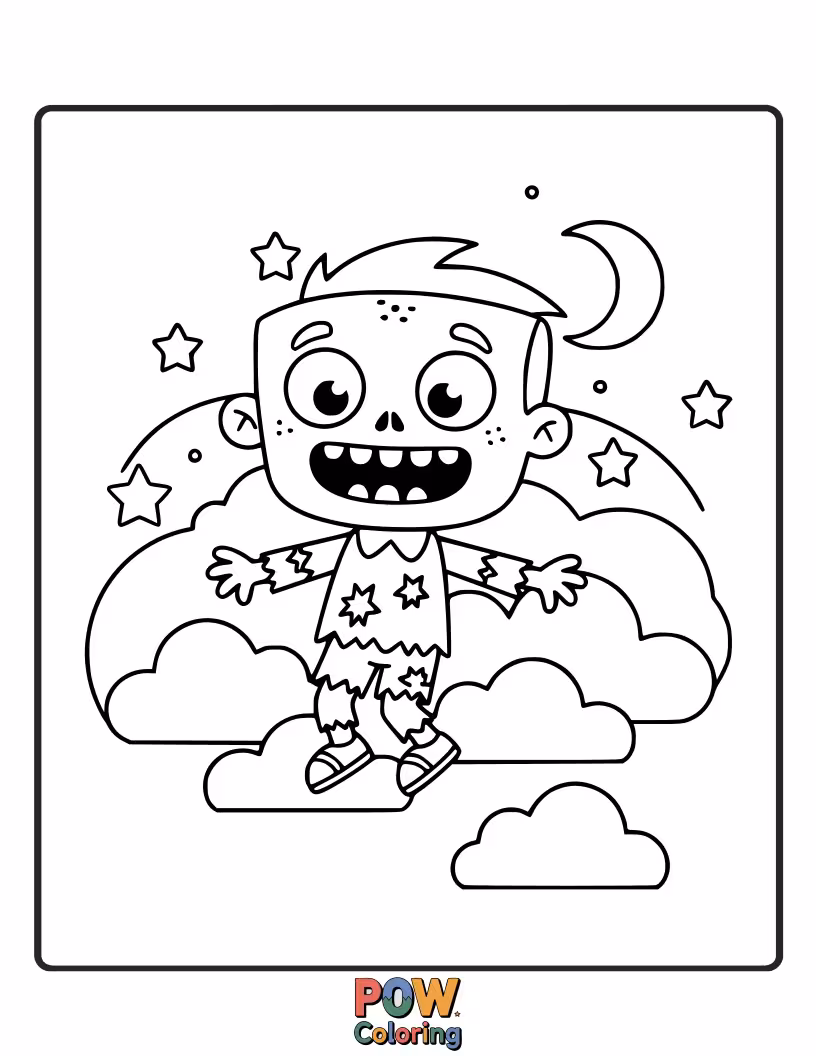 Free coloring page of A zombie pointing at fluffy clouds, imagining whimsical shapes and creatures.