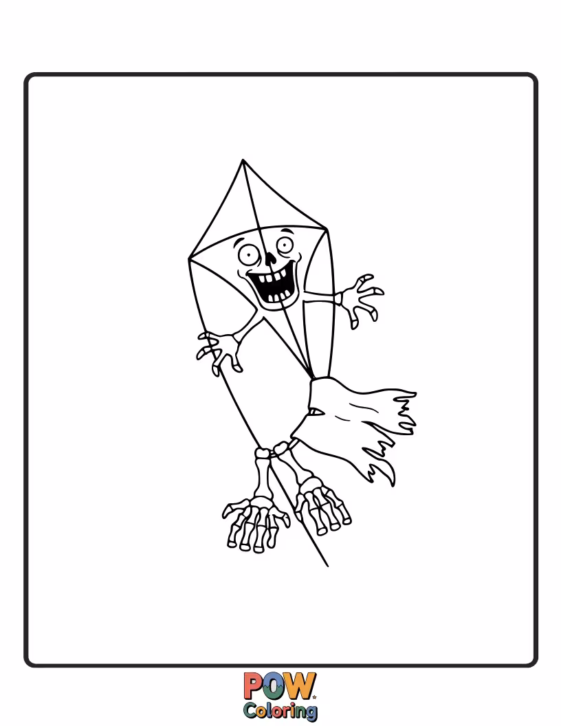 Free coloring page of A zombie struggling to fly a kite that’s tangled in a tree.