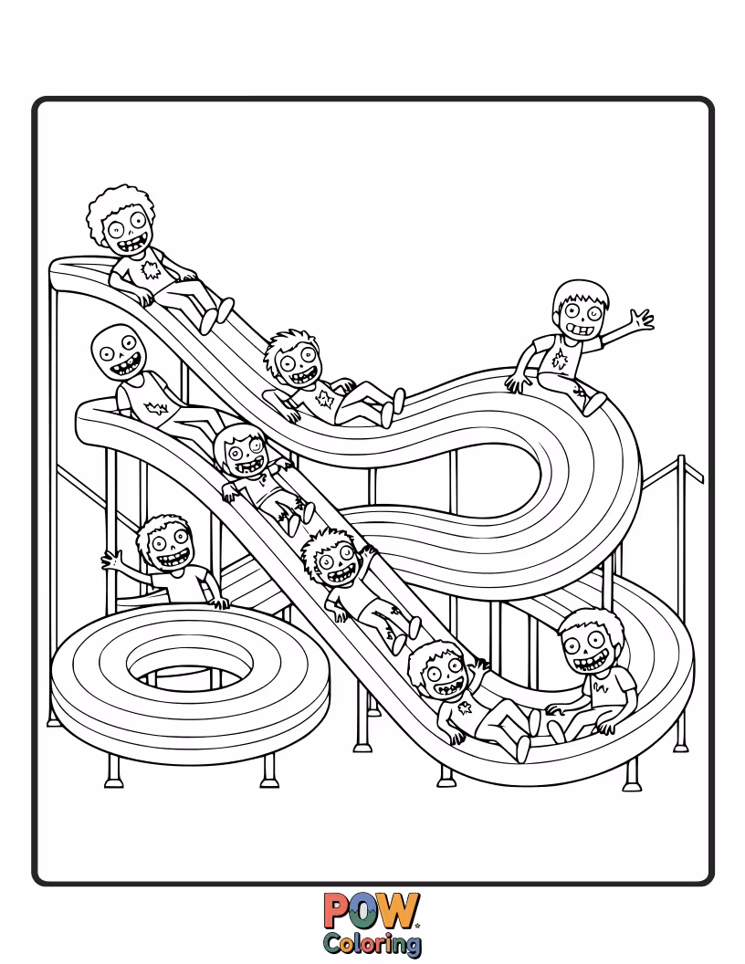 Free coloring page of A zombie sliding down a giant, colorful rainbow with a look of pure joy.