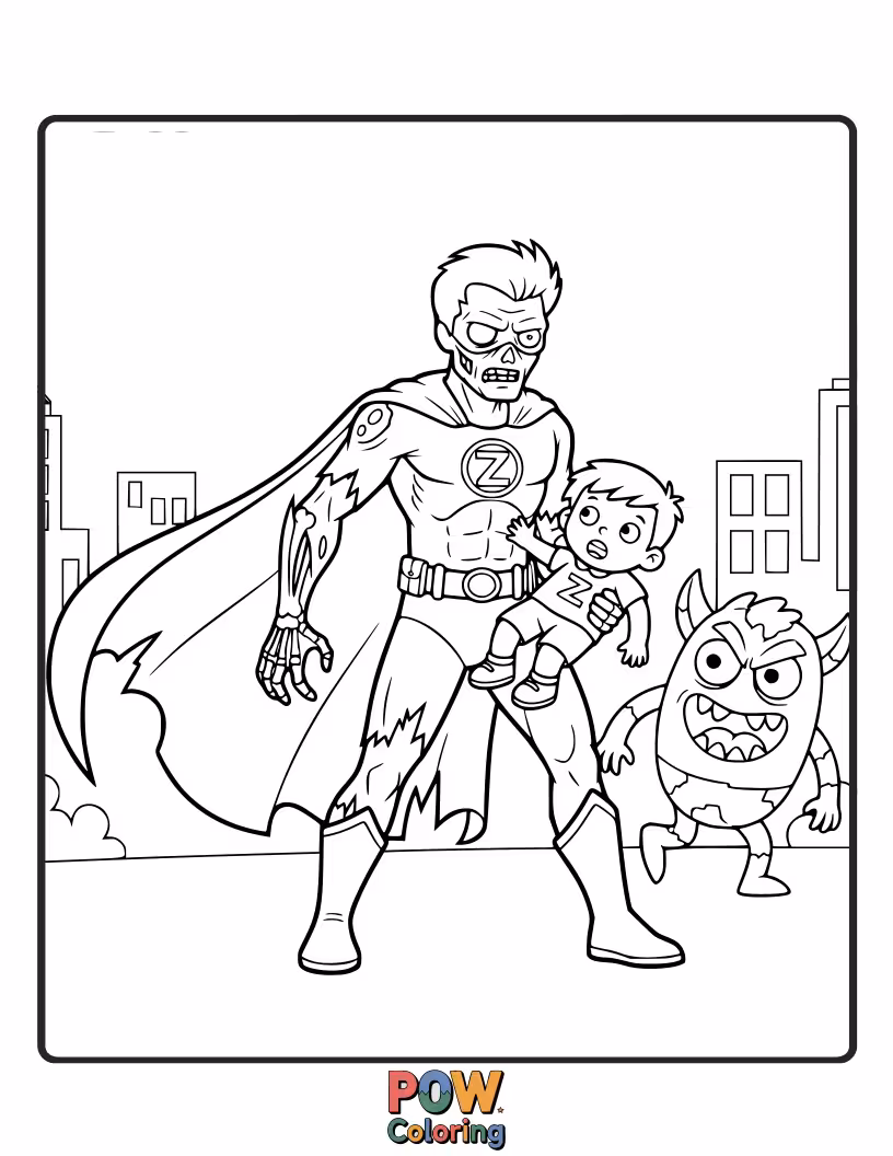 Free coloring page of A zombie in a makeshift cape attempting to heroically rescue a small, bewildered cat.