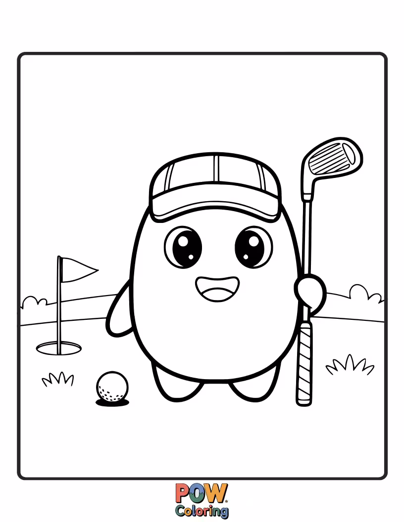 Free coloring page of A fuzzy bear swinging a oversized golf club with a cheerful smile, surrounded by bright flowers on the green.