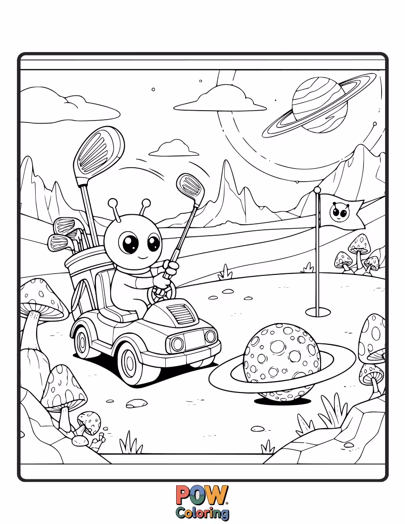 Free coloring page of An alien examining a golf ball with a futuristic scanner, curious about the dimpled sphere.