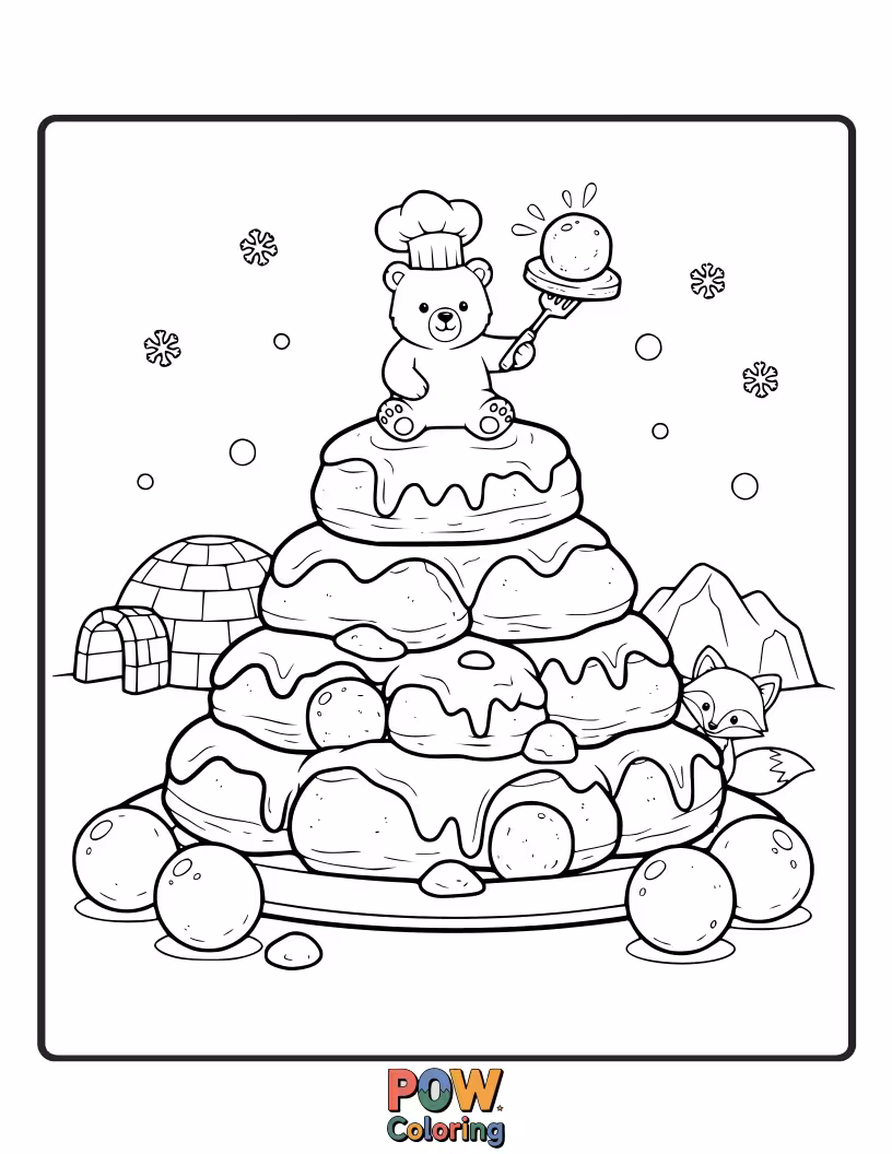 Free coloring page of Fluffy white pancakes decorated like snowballs, with cute penguins and polar bears playing in the icy landscape.