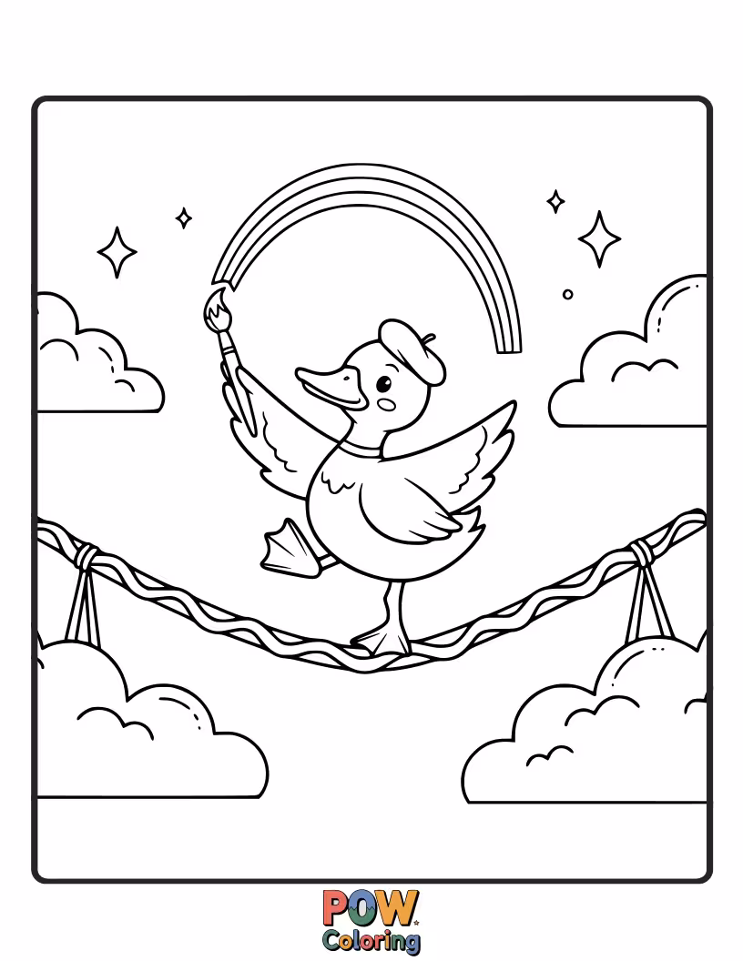 Free coloring page of This funny duck is performing a silly balancing act on a unicycle.